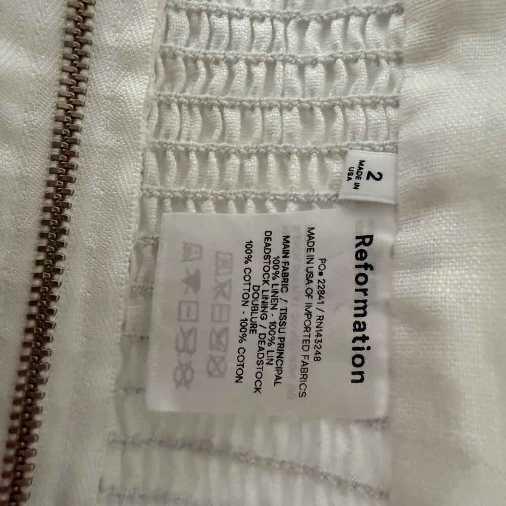 Reformation White Pure Linen Puff Sleeve Square Neck Cropped Blouse Top Size 2